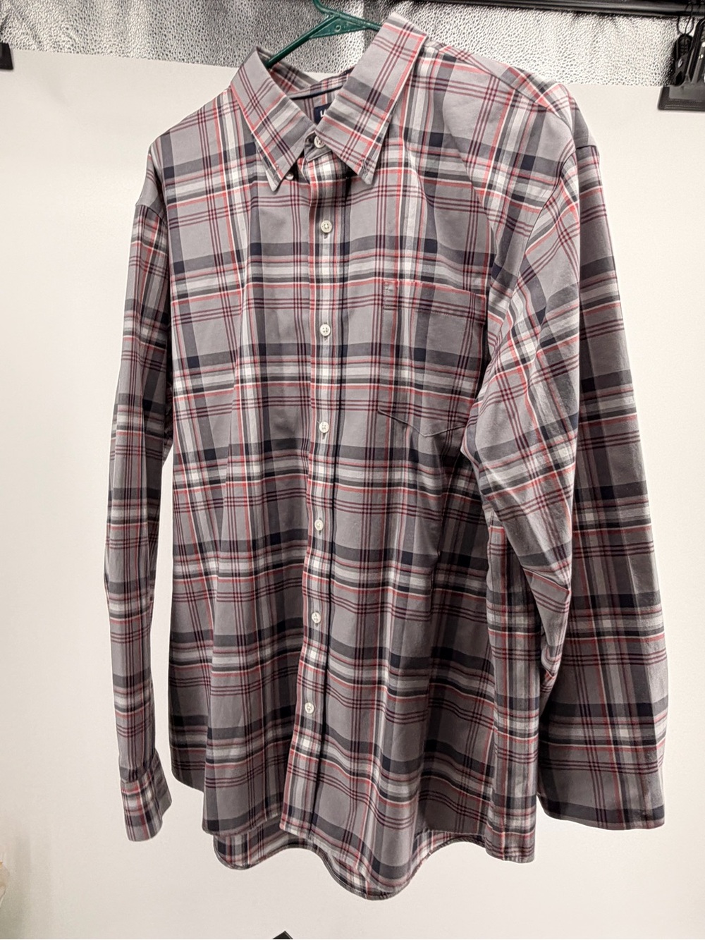 Lands' End Gray Plaid Button-Down Shirt with Red Trim